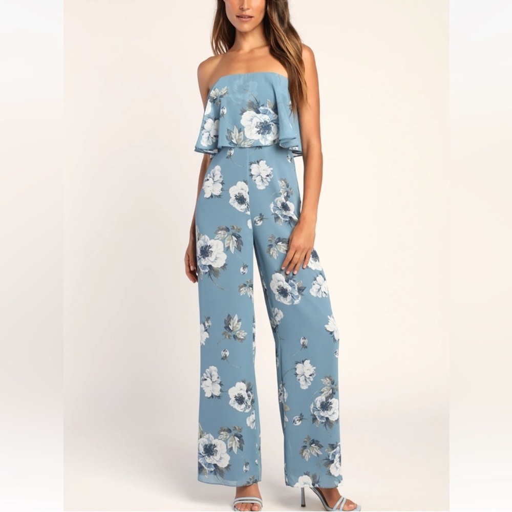 NWT Lulus Women’s Finest Florals Strapless Blue Jumpsuit Size L Occassion‎